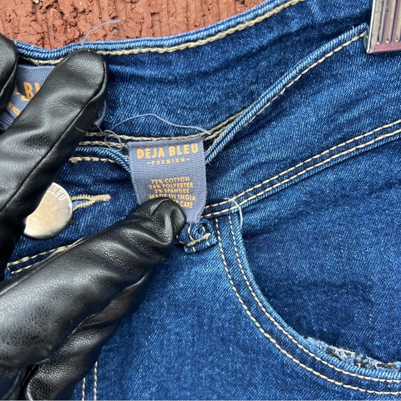 Deja Bleu Dark Denim Cream Embroidered Frayed Denim Pencil Skirt - Picture 4 of 7